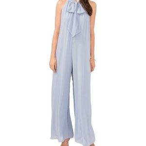 New with tags dusty blue tie mock neck sleeveless wide leg jumpsuit